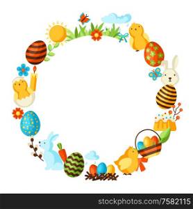 Happy Easter frame with holiday items. Decorative symbols and objects, eggs, bunnies.. Happy Easter frame with holiday items.