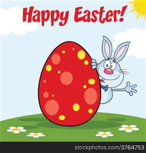 Happy Easter From Blue Rabbit Cartoon Character Waving Behind Egg
