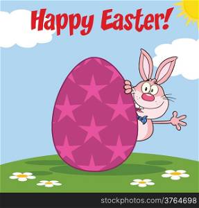 Happy Easter From Pink Rabbit Cartoon Character Waving Behind Egg