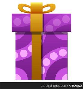 Happy Easter gift box isolated on white. Big package wrapped in colorful purple paper with violet ornamental dots and decorated with bow. Vector illustration of holiday present in cartoon style. Package Wrapped in Colorful Paper with Purple Dots
