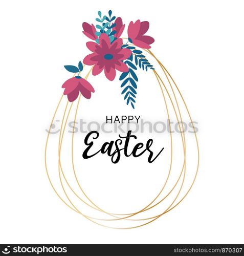 Happy Easter golden frame greeting poster card with egg shape and flowers