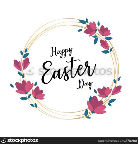 Happy Easter golden frame with blossom flowers decoration, greeting card, vector illustration