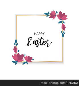 Happy Easter golden frame with blossom flowers decoration, greeting card, vector illustration