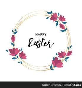 Happy Easter golden frame with blossom flowers decoration, greeting card, vector illustration