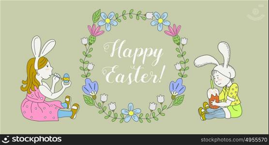 Happy Easter! Greeting card. A wreath of spring flowers. Children in rabbit costumes. Girlie paints Easter egg. The boy holds Easter cake.