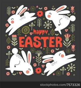 happy Easter. Greeting card, bright vector illustration on a dark background. White cute rabbits jump among the spring flowers.. happy Easter. Greeting card, vector illustration. White rabbits and spring flowers.