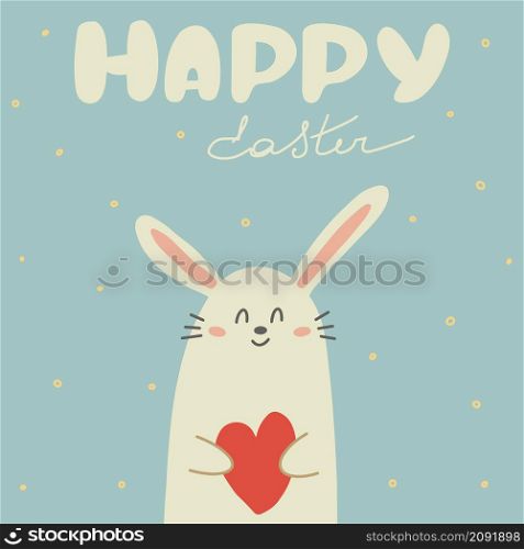 Happy Easter greeting card. Cartoon rabbit with a heart in its paws on a pastel turquoise background. Vector design for banner, postcard, packaging.. Happy Easter greeting card. Vector design for banner, postcard, packaging.