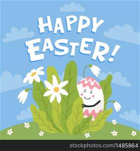 Happy easter greeting card. Colored egg with cute face hiding on a green lawn. Easter egg with funny face. Egg hunt. Flat style vector illustration. Happy easter greeting card. Colored egg with cute face hiding on a green lawn. Easter egg with funny face. Egg hunt. Flat style vector illustration.