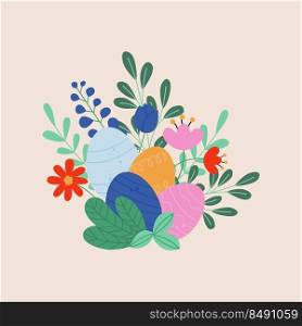 Happy Easter greeting card decorated with colored easter eggs and cute flowers and leaves. Element celebration of the spring holiday. Hand drawn Happy Easter template. Vector illustration cartoon flat
