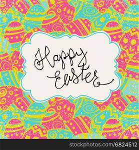 "Happy Easter Greeting Card. Easter eggs pattern and "Happy Easter" greetings label. "