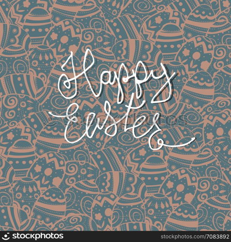 "Happy Easter Greeting Card. Easter eggs pattern and "Happy Easter" greetings with shadow. "