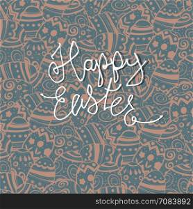 "Happy Easter Greeting Card. Easter eggs pattern and "Happy Easter" greetings with shadow. "