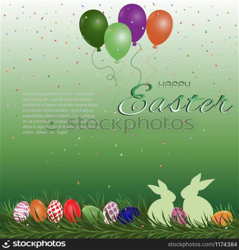 Happy Easter greeting card,eggs rabbits balloons and confetti on colorful background