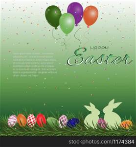 Happy Easter greeting card,eggs rabbits balloons and confetti on colorful background