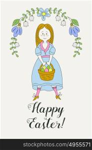 Happy Easter! Greeting card. girliewith a basket of painted Easter eggs. Spring flowers. Vector illustration of hand drawn.