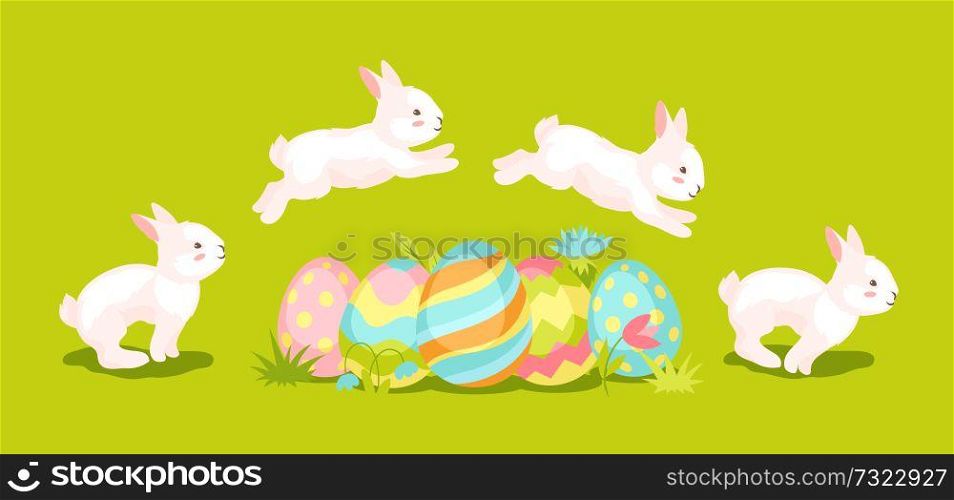 Happy Easter greeting card. Holiday illustration with bunny and eggs.. Happy Easter greeting card.
