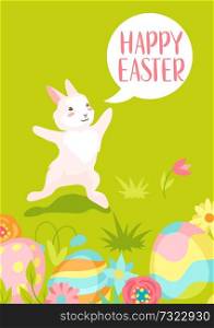 Happy Easter greeting card. Holiday illustration with bunny and eggs.. Happy Easter greeting card.