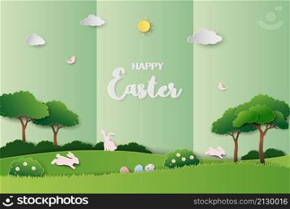 Happy easter greeting card on green paper craft background,rabbits jumping on grass for festive spring holiday,poster,banner or wallpaper,vector illustration