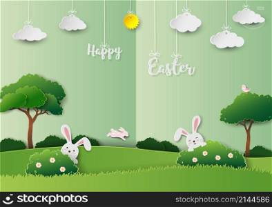 Happy easter greeting card on green paper cut background,bunny hide in grass for festive holiday,poster,banner or wallpaper,vector illustration