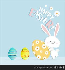 Happy Easter greeting card, poster, with cute, sweet bunny and flowers Colorful Happy Easter greeting card with rabbit, bunny, egg.