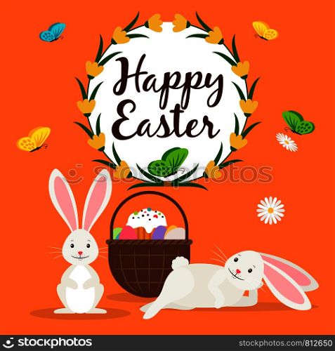 Happy easter greeting card template with rabbits and Easter basket. Vector illustration. Happy easter rabbits and basket card