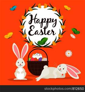 Happy easter greeting card template with rabbits and Easter basket. Vector illustration. Happy easter rabbits and basket card