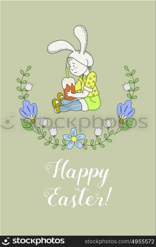 Happy Easter! Greeting card. The kid with the Easter cake in a Bunny suit. Spring flowers. Vector illustration of hand drawn.