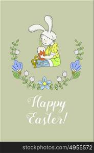 Happy Easter! Greeting card. The kid with the Easter cake in a Bunny suit. Spring flowers. Vector illustration of hand drawn.