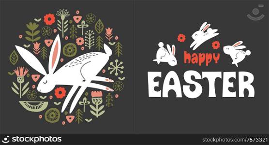 happy Easter. Greeting card, vector illustration on a dark background. White rabbits among the spring flowers. Hare in a circular floral ornament. Folk style.. happy Easter. Greeting card, vector illustration on a dark background. White rabbits among the spring flowers.