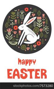 happy Easter. Greeting card, vector illustration. White rabbit in a circular pattern of spring flowers. Hand drawn text. On dark background.. happy Easter. Greeting card, vector illustration. White rabbit in a circular pattern of spring flowers.