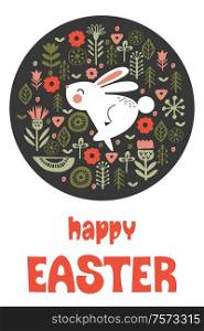 happy Easter. Greeting card, vector illustration. White rabbit in a circular pattern of spring flowers. Hand drawn text. On dark background.. happy Easter. Greeting card, vector illustration. White rabbit in a circular pattern of spring flowers.