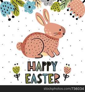 Happy Easter greeting card with a cute bunny in scandinavian style. Vector illustration