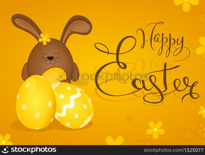 Happy Easter Greeting Card with Bunny on Yellow Background