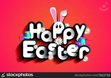 Happy Easter Greeting Card with Cartoon Rabbit And Eggs vector illustration