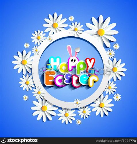 Happy Easter Greeting Card with Cartoon Rabbit And Eggs vector illustration