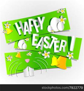 Happy Easter Greeting Card with Cartoon Rabbit And Eggs vector illustration