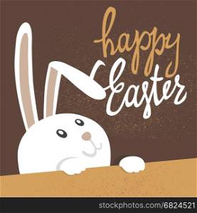Happy Easter greeting card with cute bunny. Easter Bunny. Vector calligraphy. Vintage textured vector illustration