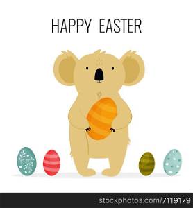 Happy Easter greeting card with cute koala and eggs. Holiday vector illustration. Happy Easter greeting card with cute koala