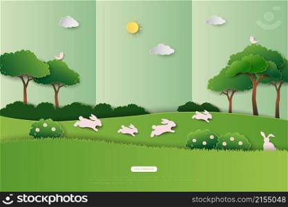 Happy Easter greeting card with cute rabbits jumping on spring garden,vector illustration