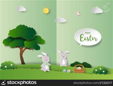 Happy Easter greeting card with cute rabbits on green paper art background,vector illustration