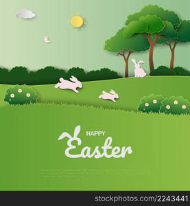 Happy Easter greeting card with cute rabbits on spring garden,vector illustration