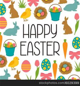 Happy Easter greeting card with decorative objects. Concept can be used for holiday invitations and posters. Happy Easter greeting card with decorative objects. Concept can be used for holiday invitations and posters.