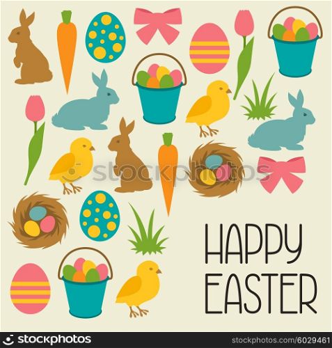 Happy Easter greeting card with decorative objects. Concept can be used for holiday invitations and posters. Happy Easter greeting card with decorative objects. Concept can be used for holiday invitations and posters.