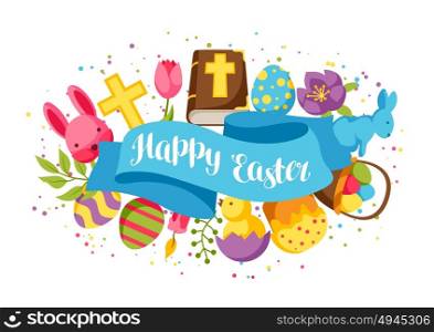 Happy Easter greeting card with decorative objects, eggs and bunnies. Happy Easter greeting card with decorative objects, eggs and bunnies.