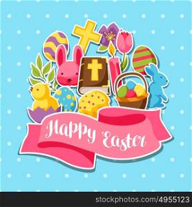 Happy Easter greeting card with decorative objects, eggs and bunnies stickers. Happy Easter greeting card with decorative objects, eggs and bunnies stickers.