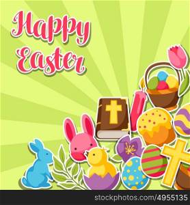 Happy Easter greeting card with decorative objects, eggs and bunnies stickers. Happy Easter greeting card with decorative objects, eggs and bunnies stickers.