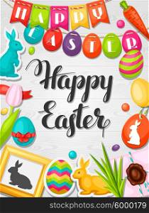 Happy Easter greeting card with decorative objects, eggs, bunnies stickers. Concept can be used for holiday invitations and posters.