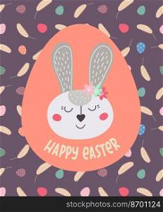  Happy Easter. Greeting card with Easter bunny and eggs. The Easter bunny. Vector illustration. Easter design, printing, postcards, stickers, invitations.  Happy Easter.Greeting card with bunny and eggs.