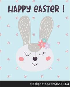 Happy Easter greeting card with Easter bunny . Easter rabbit. Vector flat illustration. Design for Easter, printing, postcards, stickers, invitations.  greeting card with Easter bunny. Happy Easter