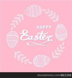 Happy Easter greeting card with floral elements, branches and drawing eggs on pink background, stock vector illustration